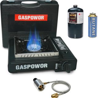 Propane or Butane Stove with Windblocker, Dual Fuel 10,000 BTU Propane Stove for Camping, Automatic Ignition, Gas Portable Stove with Propane Adapter Hose Carrying Case for Hiking (Fuel Not Included)