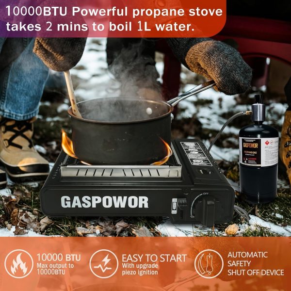 Propane or Butane Stove with Windblocker, Dual Fuel 10,000 BTU Propane Stove for Camping, Automatic Ignition, Gas Portable Stove with Propane Adapter Hose Carrying Case for Hiking (Fuel Not Included) - Image 2