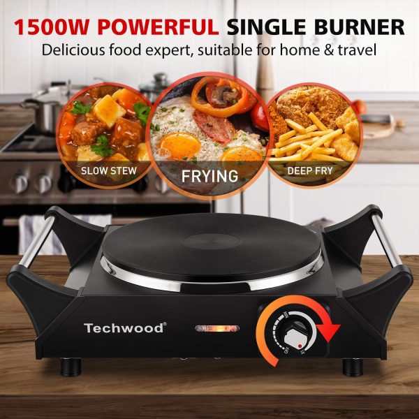 Techwood Hot Plate Portable Electric Stove 1500W Countertop Single Burner with Adjustable Temperature & Stay Cool Handles, 7.3” Cooktop for Dorm Office/Home/Camp, Compatible for All Cookwares - Image 2