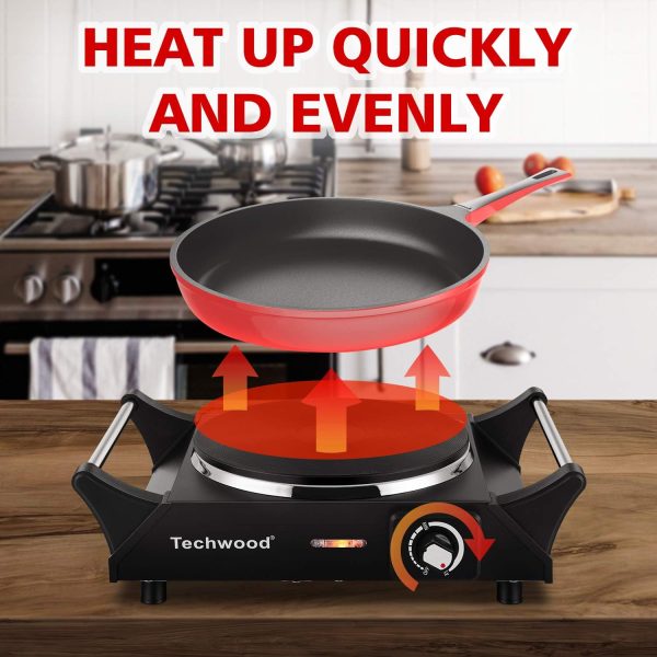 Techwood Hot Plate Portable Electric Stove 1500W Countertop Single Burner with Adjustable Temperature & Stay Cool Handles, 7.3” Cooktop for Dorm Office/Home/Camp, Compatible for All Cookwares - Image 4