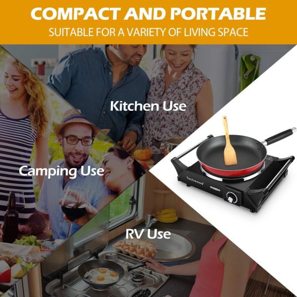 Techwood Hot Plate Portable Electric Stove 1500W Countertop Single Burner with Adjustable Temperature & Stay Cool Handles, 7.3” Cooktop for Dorm Office/Home/Camp, Compatible for All Cookwares - Image 5