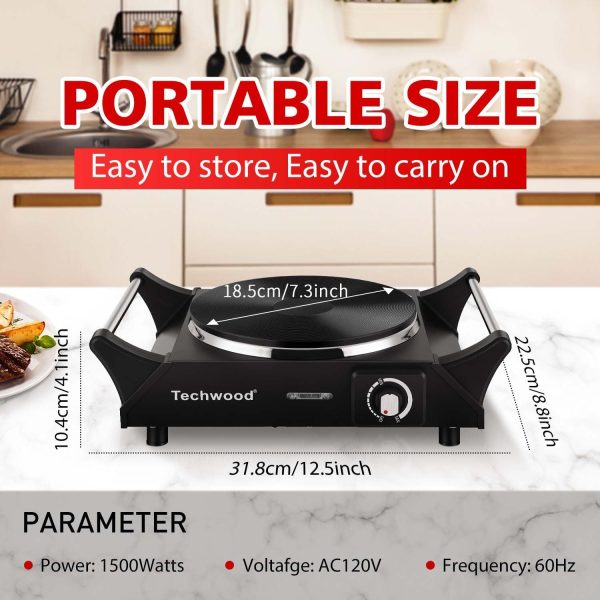 Techwood Hot Plate Portable Electric Stove 1500W Countertop Single Burner with Adjustable Temperature & Stay Cool Handles, 7.3” Cooktop for Dorm Office/Home/Camp, Compatible for All Cookwares - Image 6